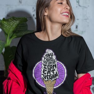 woman wearing anything you can eat i can eat vegan shirt with purple ice cream design