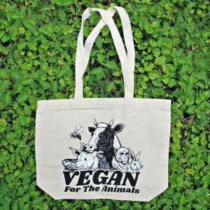 Vegan tote bag with pictures of various animals and vegan for the animals phrase