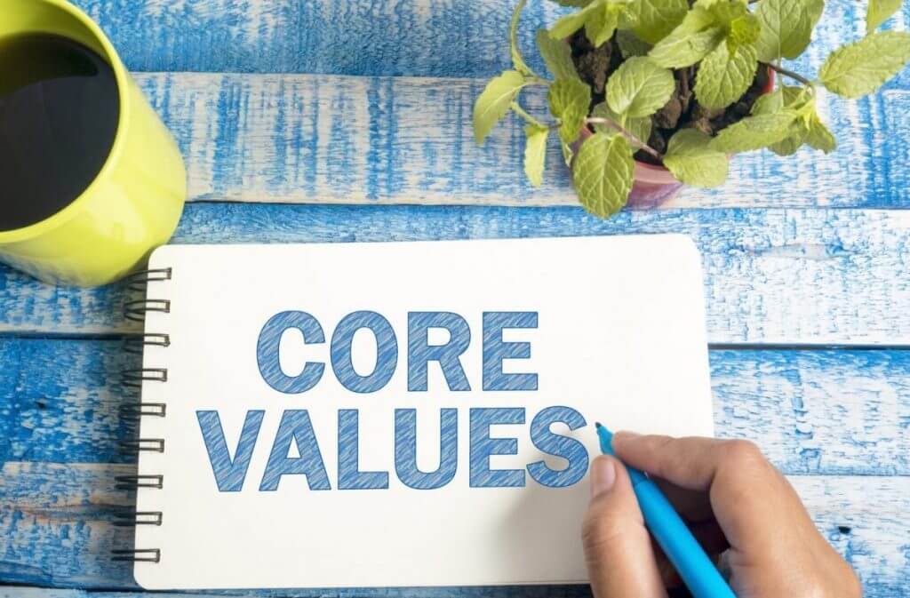 notebook with core values written in blue on blue table with mug with hot drink and plant