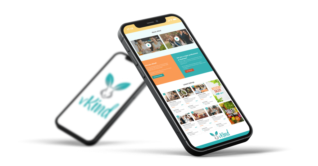 translucent background with vkind app shown on smartphone. second smartphone in the back with vkind logo.