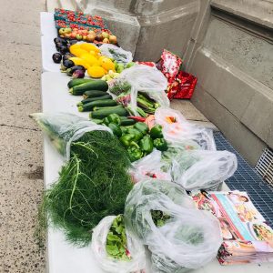 chilis on wheels table with tomatoes aubergine okra peppers herbs and Pamphlets