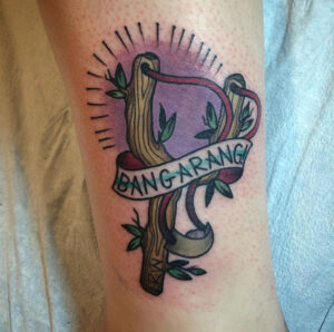 asia rain tattoo colorful slingshot with bangarang text banner
