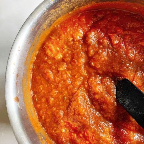 easy pumpkin marinara sauce orangy red in silver bowl