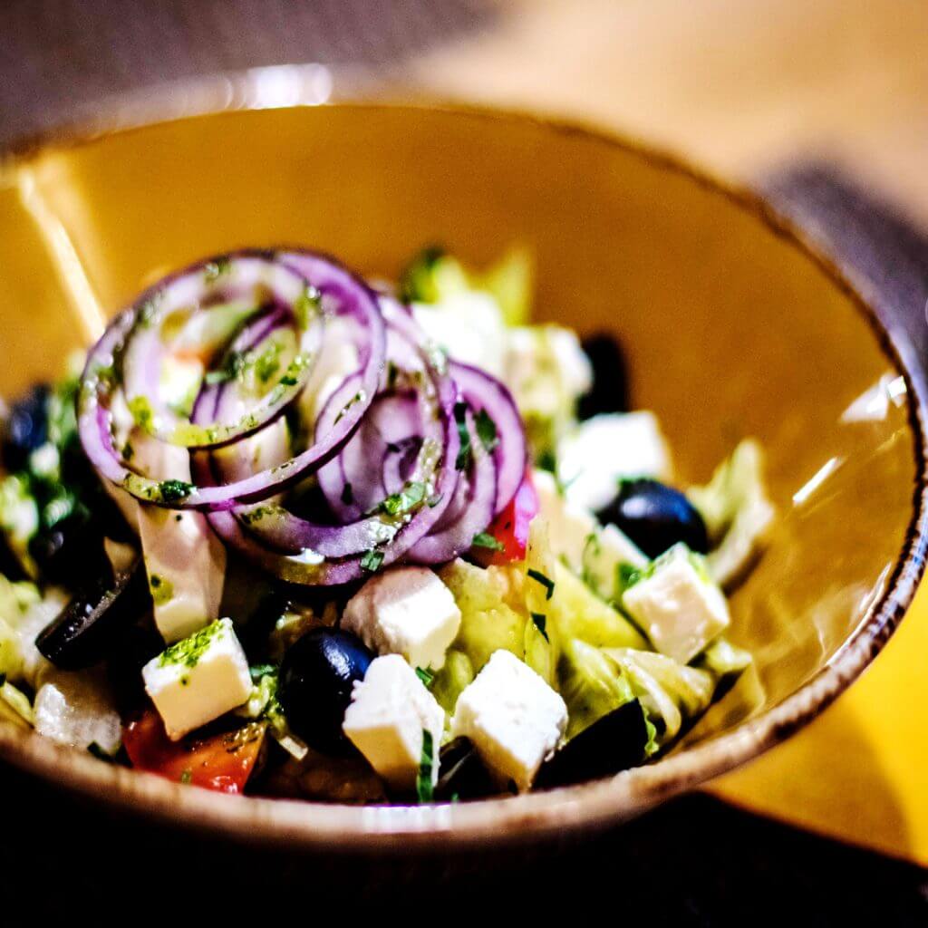 tofu feta in italian salad bowl