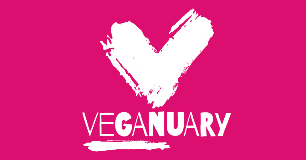 white veganuary logo with pink background