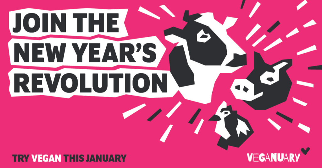 veganuary image with cow pig and chicken