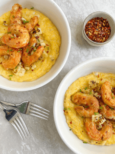 the plant based seafood co shrimp over corn chowder and chili flake spice