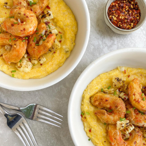the plant based seafood co shrimp over corn chowder and chili flake spice
