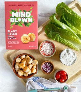 the plant based seafood co mind blown dusted scallops with romaine leaves and toppings
