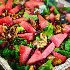 watermelon walnuts pomegranate and lettuce salad