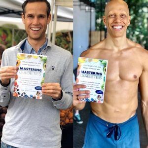 mastering diabetes authors posing with book robby barbaro and cyrus khambatta