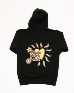 black hoodie radiant heart flower peace made with love