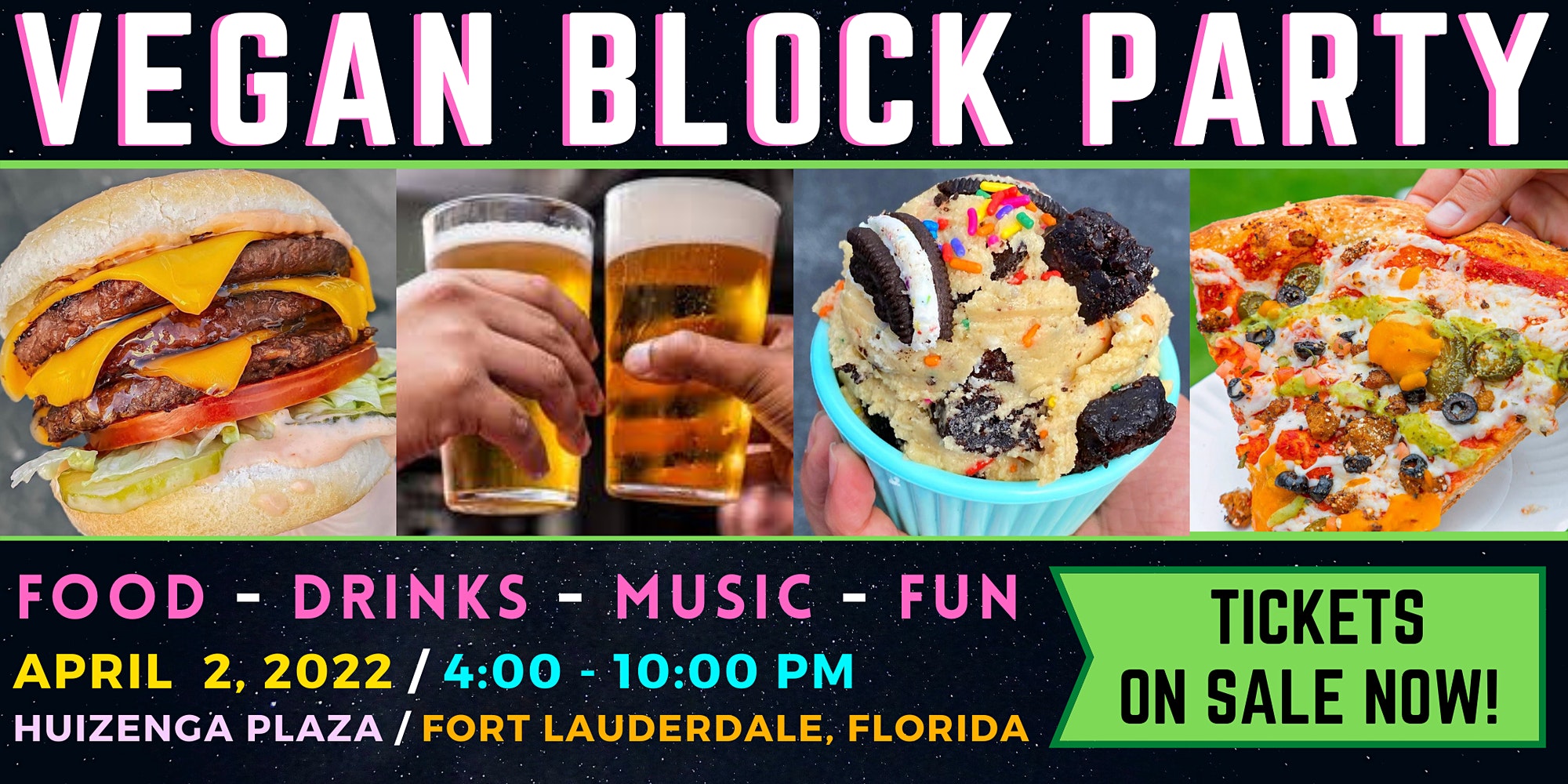 Vegan block party banner with food and drinks