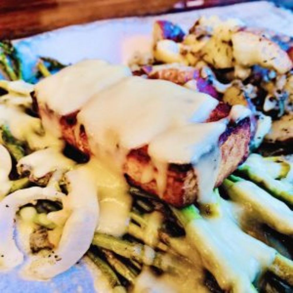 Baked Tofu and Grilled Asparagus Smothered in Hollandaise Sauce