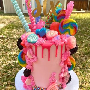 Pink cake topped with assorted candy and a Six topper