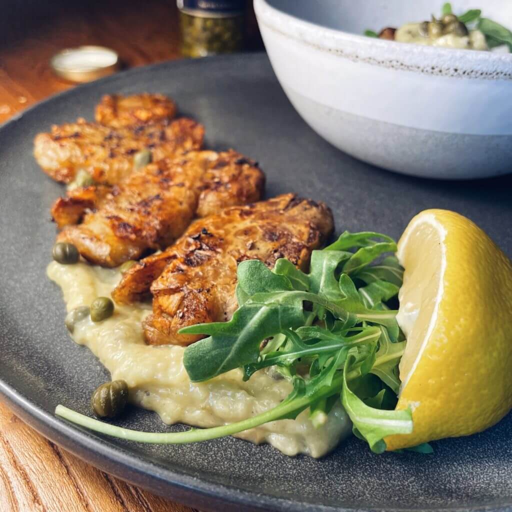 Smashed Jerusalem Artichokes in Lemon Caper Aioli Vkind