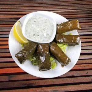 theano vegan greek and mediterranean cuisine dolmades with tzatziki lemon and lettuce on wooden background