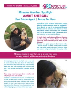 RErescue real estate agents to the rescue member spotlight Amrit Shergill with photos of Amrit holding small dog