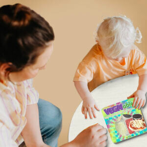mother with small child holding vegnables pizza pack