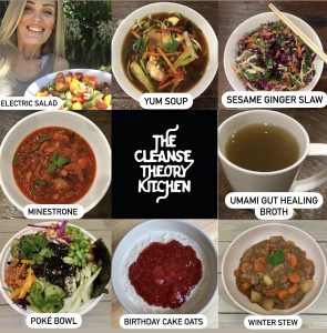 nine square images of food with cleanse theory kitchen logo in the center