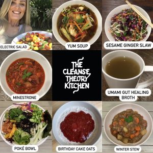 nine square images of food with cleanse theory kitchen logo in the center